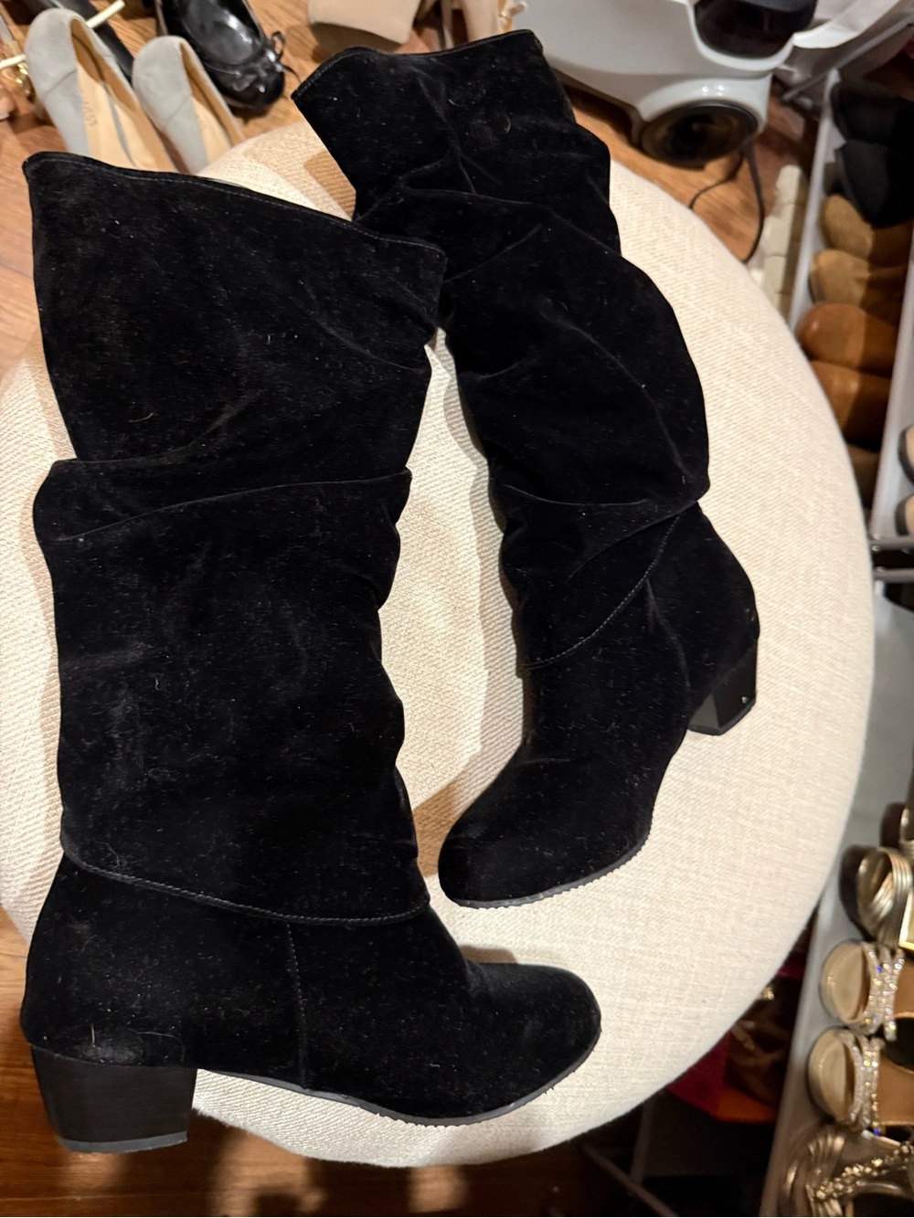 Black Ruched Heeled Boots with Rhinestones - Picture 2 of 3